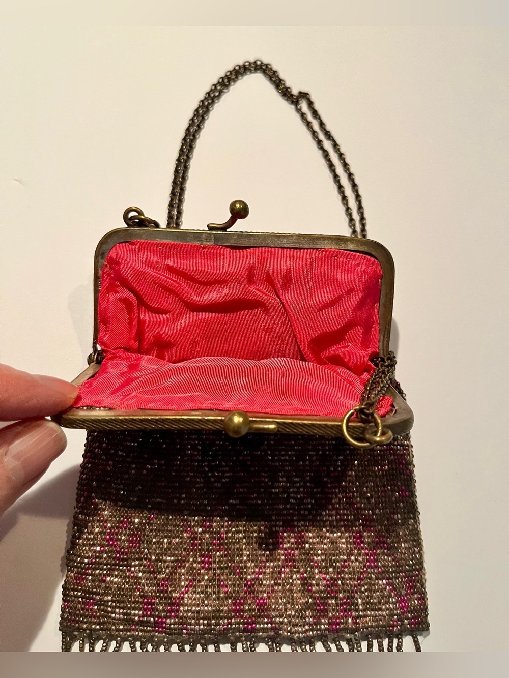Antique beaded purselet. Rare plaid pattern. Double chain. - Picture 7 of 7